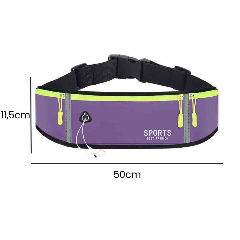 Pochete Cinto de Hidratação Multifuncional Impermeável para Corrida Roxa Urbanno, imagem com as dimensões do produto. A pochete mede 11,5cm de altura e 50cm de largura, fornecendo uma visualização clara do seu tamanho.