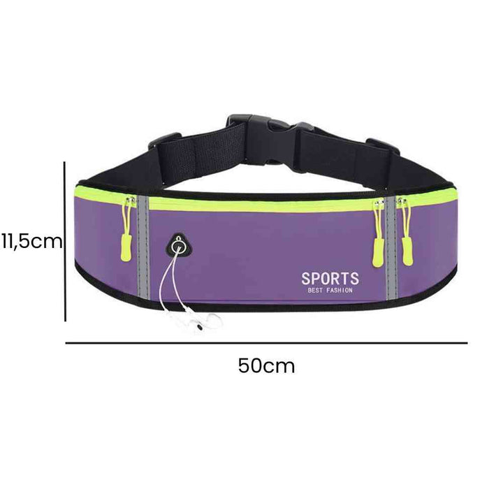 Pochete Cinto de Hidratação Multifuncional Impermeável para Corrida Roxa Urbanno, imagem com as dimensões do produto. A pochete mede 11,5cm de altura e 50cm de largura, fornecendo uma visualização clara do seu tamanho.