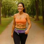 Pochete Cinto de Hidratação Multifuncional Impermeável para Corrida Roxa Urbanno, em uso por uma mulher sorridente caminhando em um parque, demonstrando o ajuste confortável e a praticidade para carregar pertences durante o exercício.