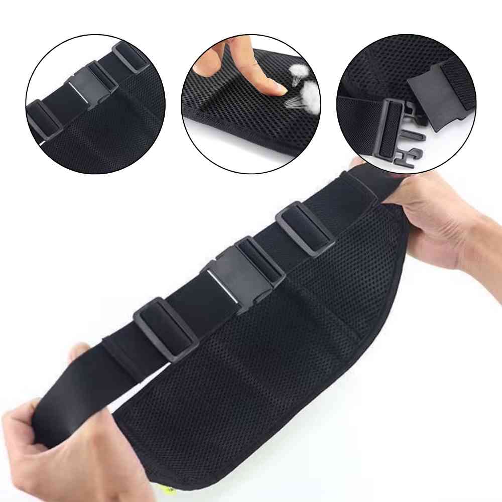 Pochete Cinto de Hidratação Multifuncional Impermeável para Corrida Verde Urbanno, vista da parte traseira, com destaque para a tela acolchoada e respirável. A imagem detalha o cinto ajustável com fecho de engate, garantindo um ajuste personalizado e conforto durante a prática de esportes.