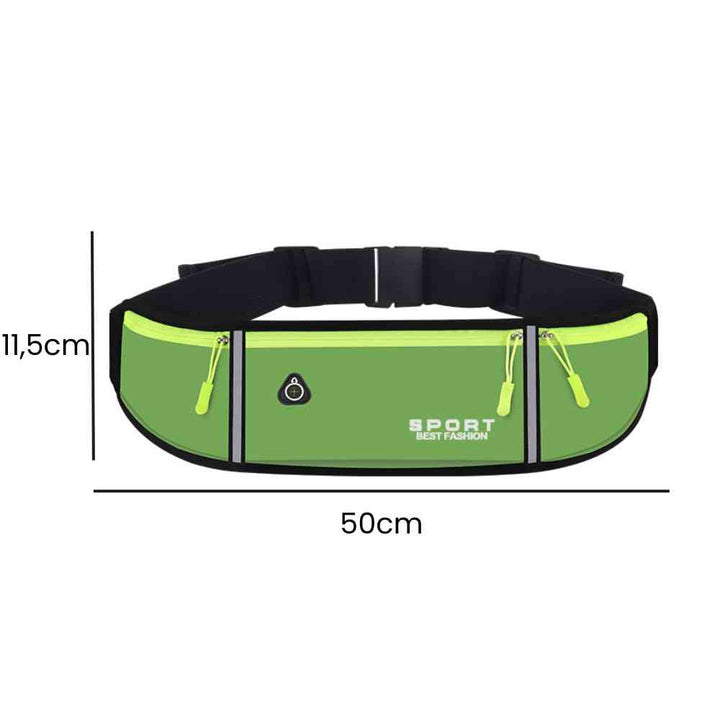 Pochete Cinto de Hidratação Multifuncional Impermeável para Corrida Verde Urbanno, imagem com as dimensões do produto. A pochete mede 11,5cm de altura e 50cm de largura, fornecendo uma visualização clara do seu tamanho.