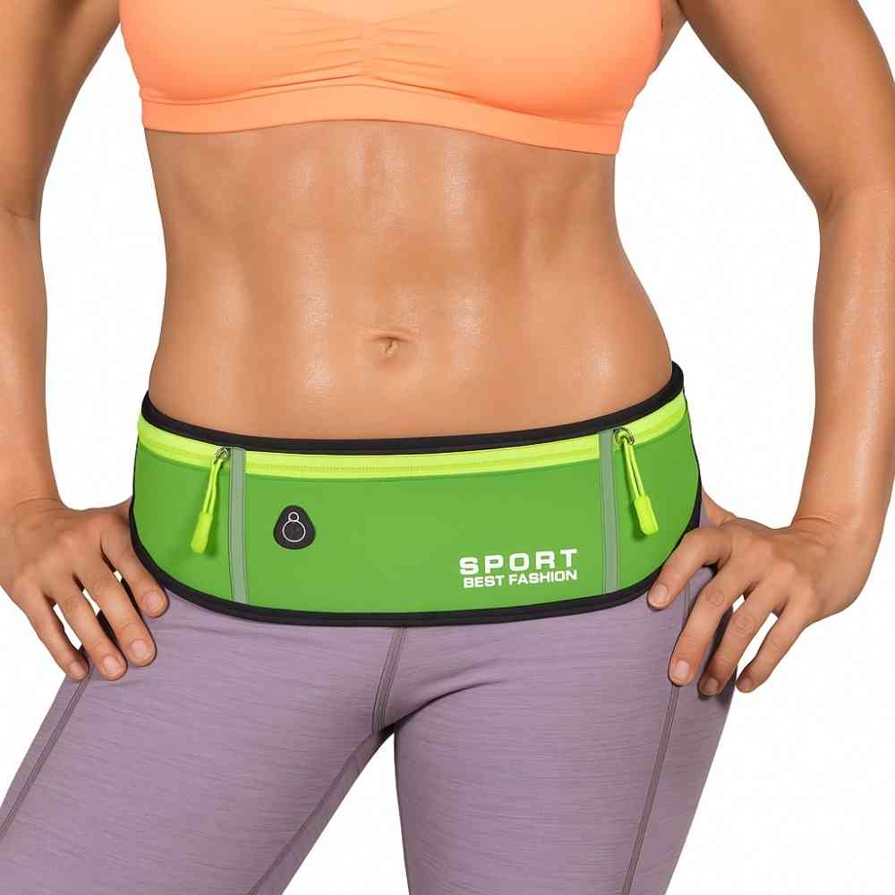 Pochete Cinto de Hidratação Multifuncional Impermeável para Corrida Verde Urbanno, em uso, mostrando o ajuste perfeito e confortável na cintura de uma mulher, destacando o design e a funcionalidade do produto durante atividades físicas.