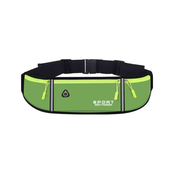 Pochete Cinto de Hidratação Multifuncional Impermeável para Corrida Verde Urbanno, vista frontal, com dois compartimentos com zíperes e detalhes em amarelo neon, faixas refletivas e cinto ajustável, ideal para treinos e atividades ao ar livre.