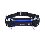 Pochete Cinto de Hidratação para Corrida e Caminhada com 2 Garrafas 175ml preta e azul Urbanno, vista frontal, com detalhes em verde-limão neon e fivela de ajuste, pronta para o uso.