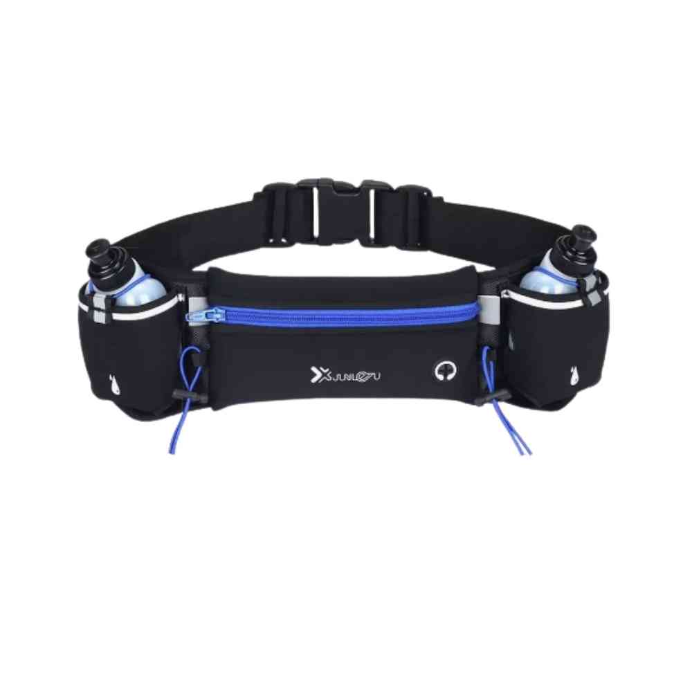 Pochete Cinto de Hidratação para Corrida e Caminhada com 2 Garrafas 175ml preta e azul Urbanno, vista frontal, com detalhes em verde-limão neon e fivela de ajuste, pronta para o uso.