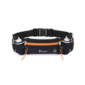 Pochete Cinto de Hidratação para Corrida e Caminhada com 2 Garrafas 175ml preto e laranja Urbanno, vista frontal, com detalhes em verde-limão neon e fivela de ajuste, pronta para o uso.