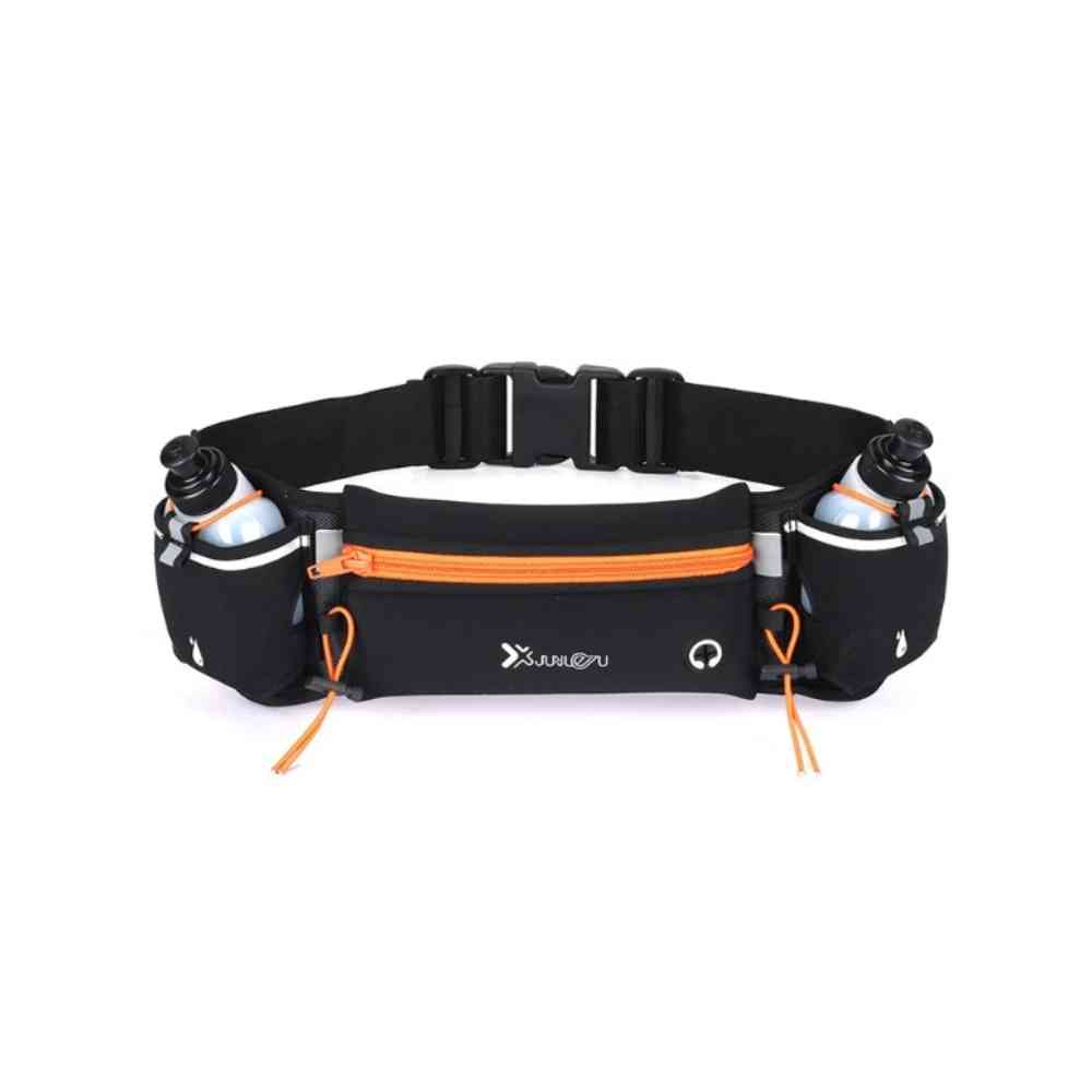 Pochete Cinto de Hidratação para Corrida e Caminhada com 2 Garrafas 175ml preto e laranja Urbanno, vista frontal, com detalhes em verde-limão neon e fivela de ajuste, pronta para o uso.