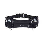 Pochete Cinto de Hidratação para Corrida e Caminhada com 2 Garrafas 175ml na cor preta Urbanno, vista frontal, com detalhes em verde-limão neon e fivela de ajuste, pronta para o uso.