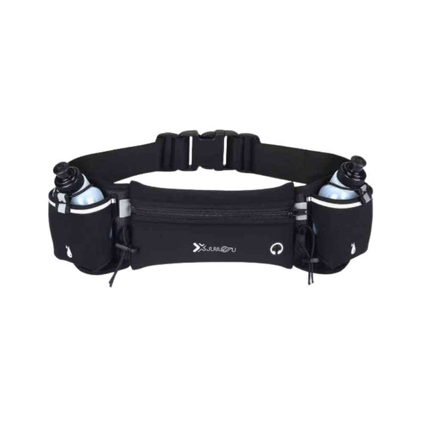 Pochete Cinto de Hidratação para Corrida e Caminhada com 2 Garrafas 175ml na cor preta Urbanno, vista frontal, com detalhes em verde-limão neon e fivela de ajuste, pronta para o uso.