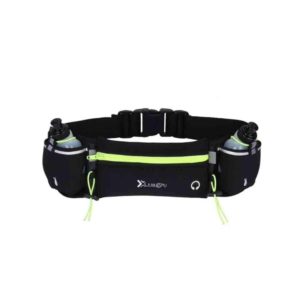 Pochete Cinto de Hidratação para Corrida e Caminhada com 2 Garrafas 175ml Verde Fluorescente Urbanno, vista frontal, com detalhes em verde-limão neon e fivela de ajuste, pronta para o uso.