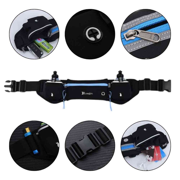 Pochete Cinto de Hidratação para Corrida e Caminhada preta e azul Urbanno, com múltiplos círculos detalhando: bolso para celular, saída para fone de ouvido, zíper, tira refletiva, encaixe da garrafa e fivela de ajuste.