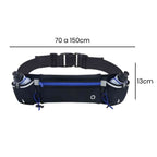 Pochete Cinto de Hidratação para Corrida e Caminhada com 2 Garrafas 175ml preto com azul Urbanno, com linhas indicando suas dimensões de 70 a 150cm de comprimento e 13cm de altura. 