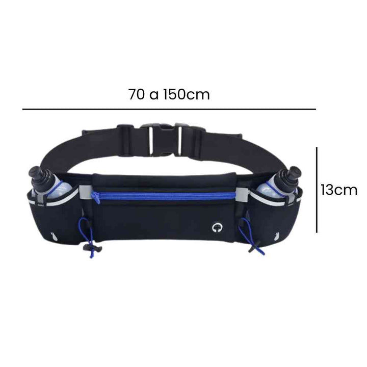 Pochete Cinto de Hidratação para Corrida e Caminhada com 2 Garrafas 175ml preto com azul Urbanno, com linhas indicando suas dimensões de 70 a 150cm de comprimento e 13cm de altura. 