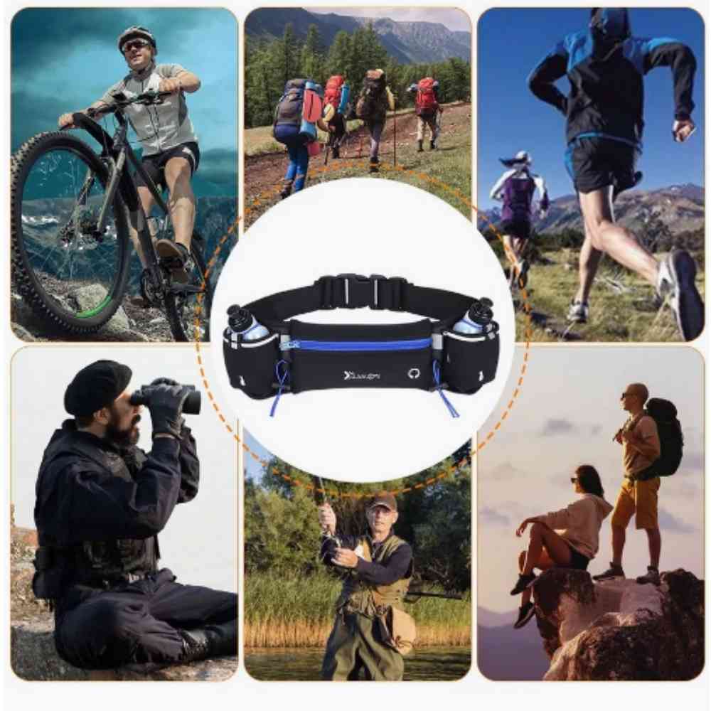 Pochete Cinto de Hidratação para Corrida e Caminhada preto e azul Urbanno ao centro, rodeada por imagens de pessoas praticando diversas atividades como ciclismo, trekking, corrida, observação e pesca, demonstrando a versatilidade do equipamento.