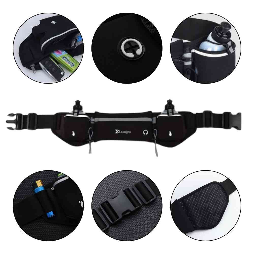 Pochete Cinto de Hidratação para Corrida e Caminhada na cor preta Urbanno, com múltiplos círculos detalhando: bolso para celular, saída para fone de ouvido, zíper, tira refletiva, encaixe da garrafa e fivela de ajuste.