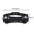 Pochete Cinto de Hidratação para Corrida e Caminhada com 2 Garrafas 175ml preto Urbanno, com linhas indicando suas dimensões de 70 a 150cm de comprimento e 13cm de altura.