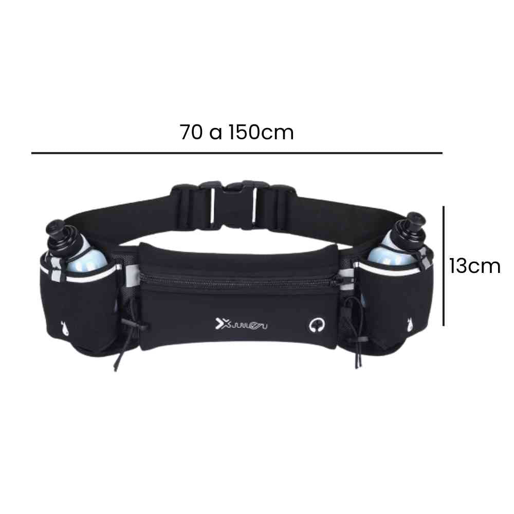 Pochete Cinto de Hidratação para Corrida e Caminhada com 2 Garrafas 175ml preto Urbanno, com linhas indicando suas dimensões de 70 a 150cm de comprimento e 13cm de altura.