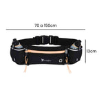 Pochete Cinto de Hidratação para Corrida e Caminhada com 2 Garrafas 175ml preto e laranja Urbanno, com linhas indicando suas dimensões de 70 a 150cm de comprimento e 13cm de altura.