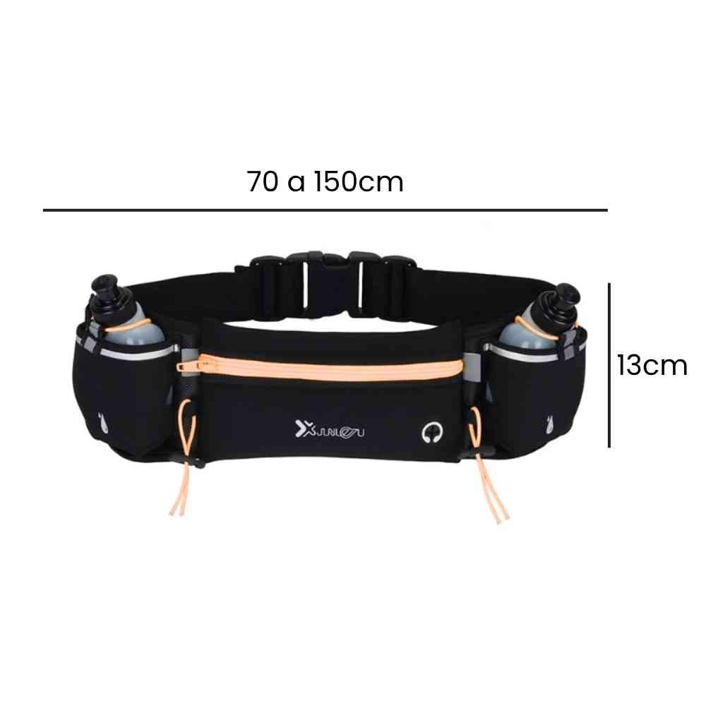 Pochete Cinto de Hidratação para Corrida e Caminhada com 2 Garrafas 175ml preto e laranja Urbanno, com linhas indicando suas dimensões de 70 a 150cm de comprimento e 13cm de altura.