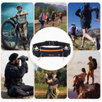 Pochete Cinto de Hidratação para Corrida e Caminhada preto com laranja Urbanno ao centro, rodeada por imagens de pessoas praticando diversas atividades como ciclismo, trekking, corrida, observação e pesca, demonstrando a versatilidade do equipamento.