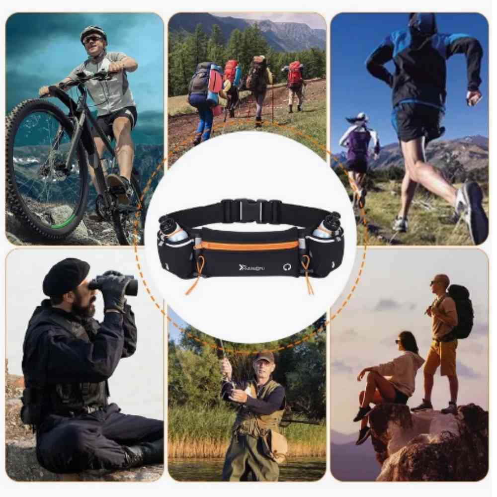 Pochete Cinto de Hidratação para Corrida e Caminhada preto com laranja Urbanno ao centro, rodeada por imagens de pessoas praticando diversas atividades como ciclismo, trekking, corrida, observação e pesca, demonstrando a versatilidade do equipamento.