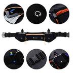 Pochete Cinto de Hidratação para Corrida e Caminhada preto e laranja Urbanno, com múltiplos círculos detalhando: bolso para celular, saída para fone de ouvido, zíper, tira refletiva, encaixe da garrafa e fivela de ajuste.