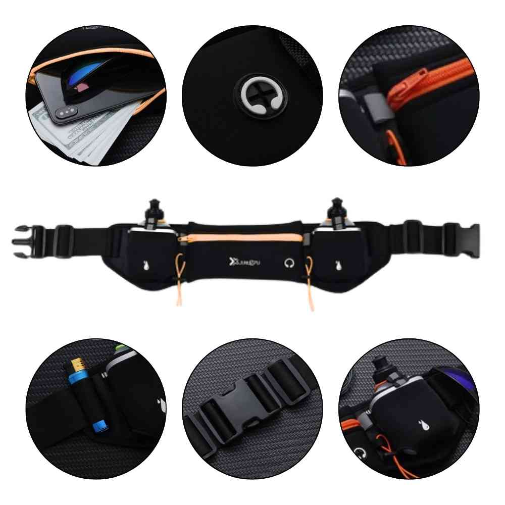 Pochete Cinto de Hidratação para Corrida e Caminhada preto e laranja Urbanno, com múltiplos círculos detalhando: bolso para celular, saída para fone de ouvido, zíper, tira refletiva, encaixe da garrafa e fivela de ajuste.