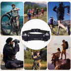 Pochete Cinto de Hidratação para Corrida e Caminhada na cor preta Urbanno ao centro, rodeada por imagens de pessoas praticando diversas atividades como ciclismo, trekking, corrida, observação e pesca, demonstrando a versatilidade do equipamento.