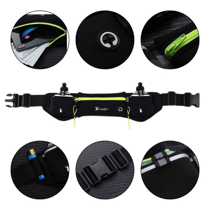 Pochete Cinto de Hidratação para Corrida e Caminhada Verde Fluorescente Urbanno, com múltiplos círculos detalhando: bolso para celular, saída para fone de ouvido, zíper, tira refletiva, encaixe da garrafa e fivela de ajuste.