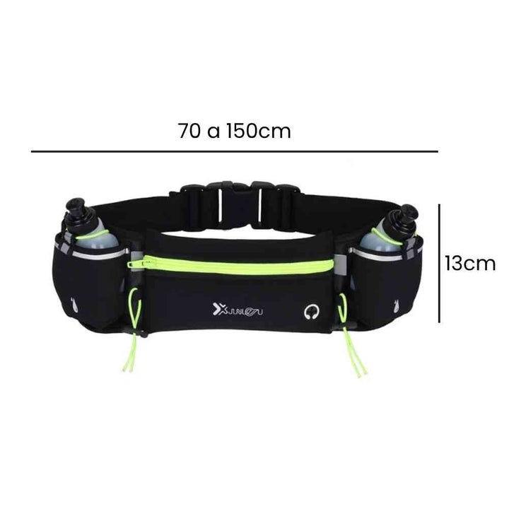 Pochete Cinto de Hidratação para Corrida e Caminhada com 2 Garrafas 175ml Verde Fluorescente Urbanno, com linhas indicando suas dimensões de 70 a 150cm de comprimento e 13cm de altura.