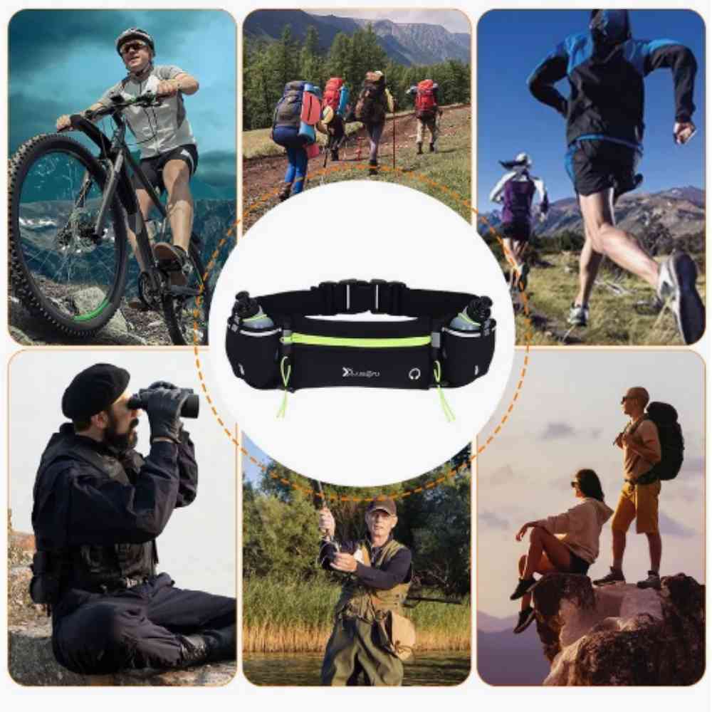 Pochete Cinto de Hidratação para Corrida e Caminhada Verde Fluorescente Urbanno ao centro, rodeada por imagens de pessoas praticando diversas atividades como ciclismo, trekking, corrida, observação e pesca, demonstrando a versatilidade do equipamento.