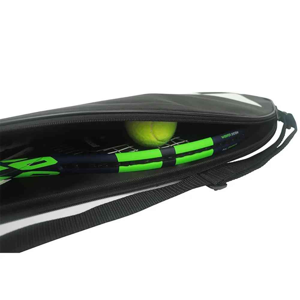 Raqueteira Babolat 1 Raquete preta, aberta mostrando uma raquete de tênis com detalhes em verde e uma bola amarela dentro, ilustrando a capacidade e proteção urbanno