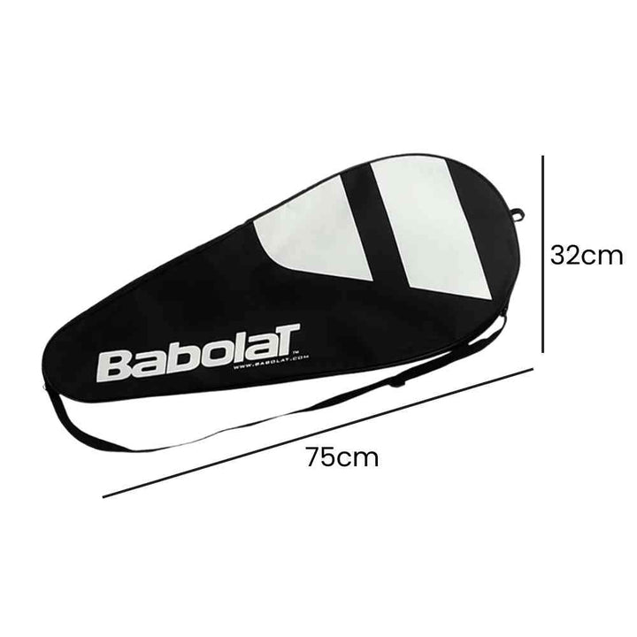 Raqueteira Babolat 1 Raquete preta, exibindo suas dimensões de 75cm de comprimento e 32cm de altura, ideal para transporte de uma raquete urbanno