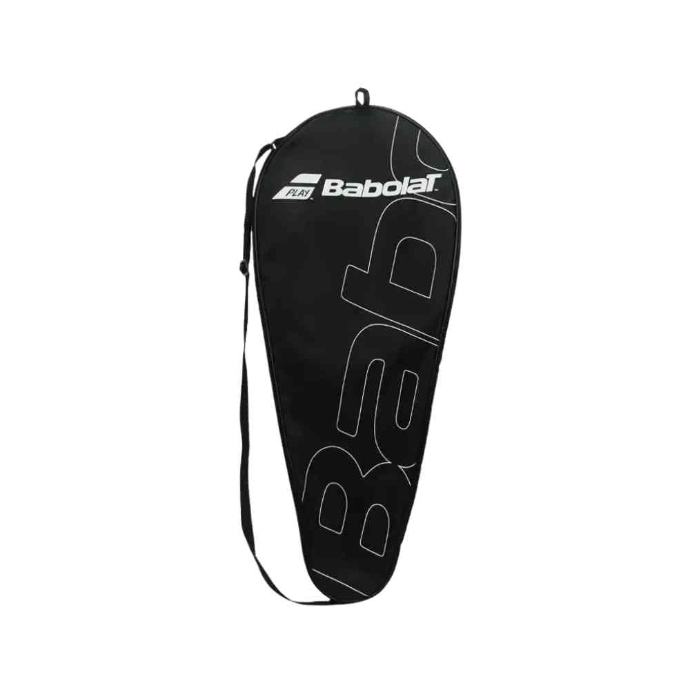 Raqueteira Babolat 1 Raquete preta, vista traseira, com logo Babolat grande em branco, e alça de ombro ajustável, ideal para transporte individual urbanno