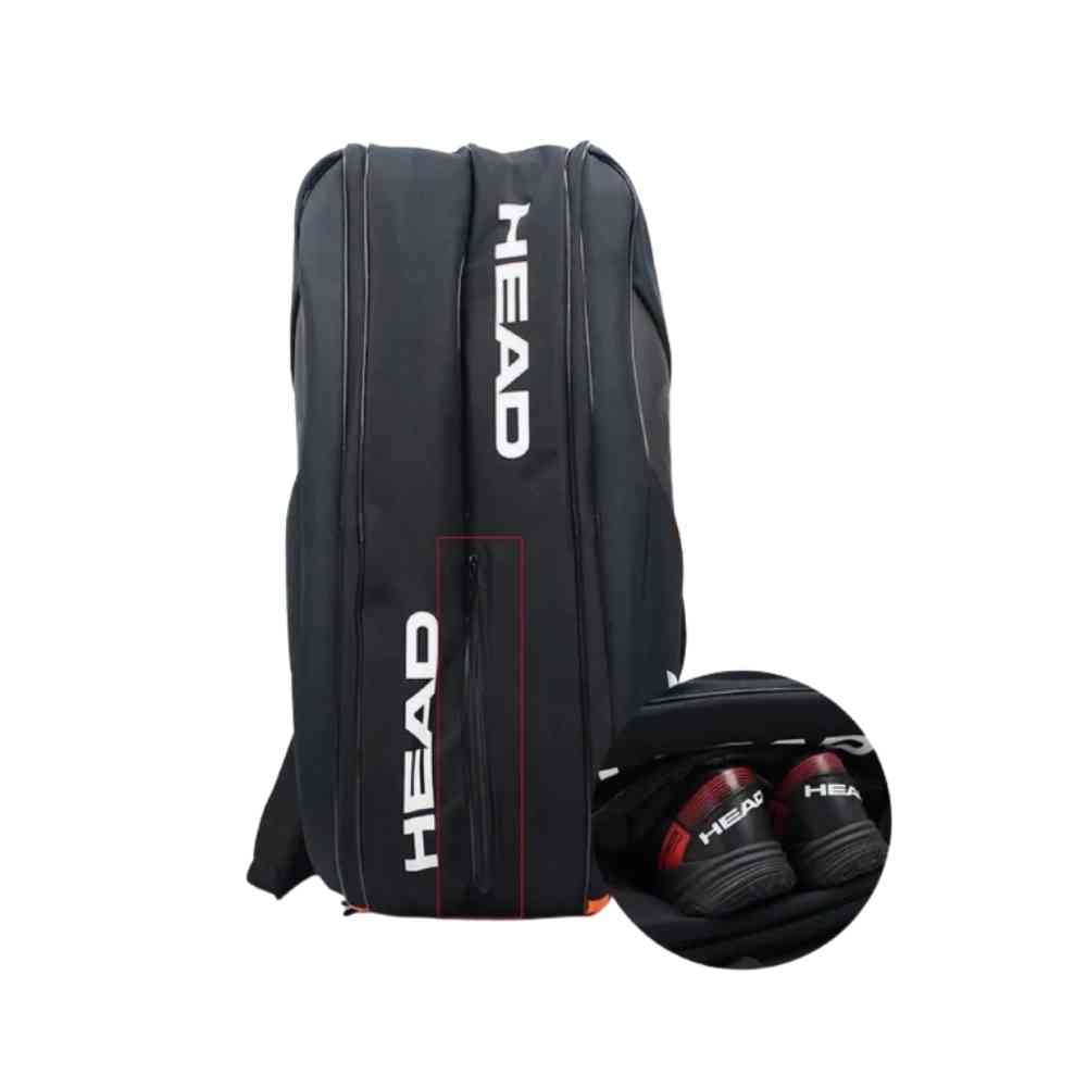 Raqueteira Head Hard Shell 6-9 Raquetes Tênis Preta e Laranja Urbanno, vista frontal, com destaque para o compartimento exclusivo e ventilado para calçados na parte inferior.