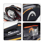 Raqueteira Head Hard Shell para 6 a 9 Raquetes de Tênis Preta e Laranja Urbanno, com quatro quadrantes mostrando detalhes: compartimento principal com raquetes, zíper lateral, alças de transporte e bolsa interna para acessórios.
