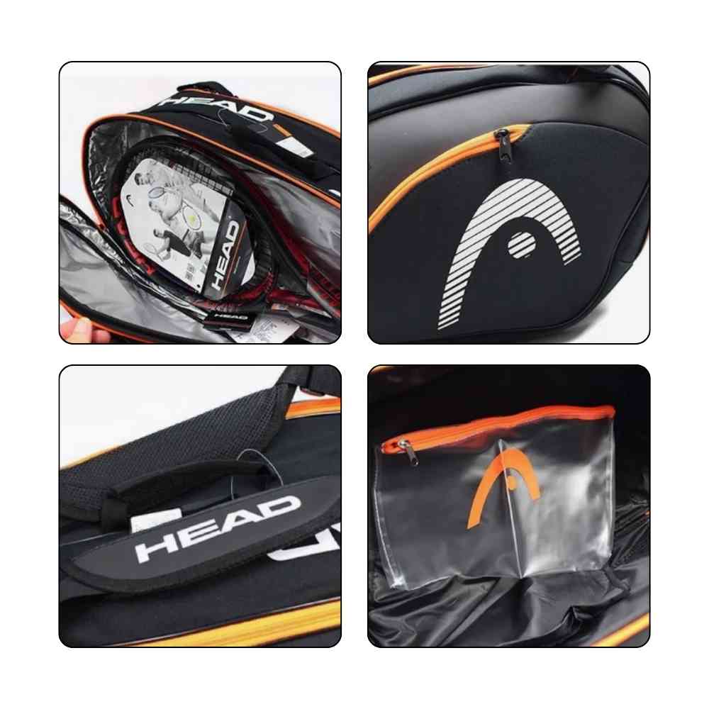 Raqueteira Head Hard Shell para 6 a 9 Raquetes de Tênis Preta e Laranja Urbanno, com quatro quadrantes mostrando detalhes: compartimento principal com raquetes, zíper lateral, alças de transporte e bolsa interna para acessórios.