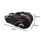 Raqueteira Head Hard Shell para 6 a 9 Raquetes de Tênis Preta e Laranja Urbanno, com linhas indicando suas dimensões de 75cm de comprimento, 32cm de altura e 30cm de largura.