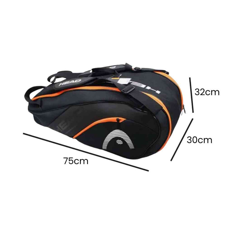 Raqueteira Head Hard Shell para 6 a 9 Raquetes de Tênis Preta e Laranja Urbanno, com linhas indicando suas dimensões de 75cm de comprimento, 32cm de altura e 30cm de largura.