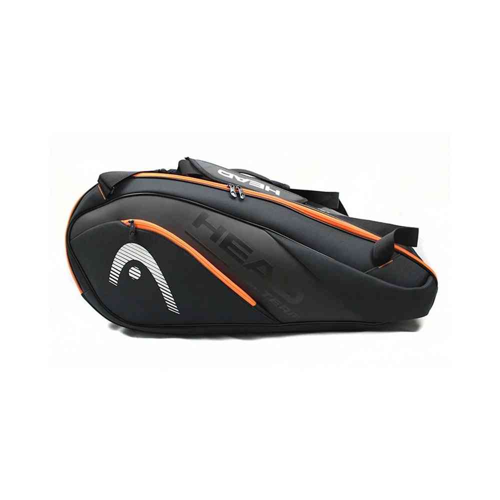 Raqueteira Head Hard Shell para 6 a 9 Raquetes de Tênis Preta e Laranja Urbanno, vista frontal, com design moderno, logo HEAD em destaque e detalhes vibrantes em laranja.