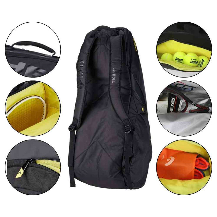 Raqueteira Head Radical CCT para 6 Raquetes de Tênis Preta Urbanno, vista traseira como mochila, cercada por círculos detalhando alça, compartimento para bolas, raquetes, calçados e zíperes.