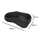 Raqueteira Head Radical CCT para 6 Raquetes de Tênis Preta Urbanno, exibindo suas dimensões: 80cm de comprimento, 35cm de altura e 28cm de largura.