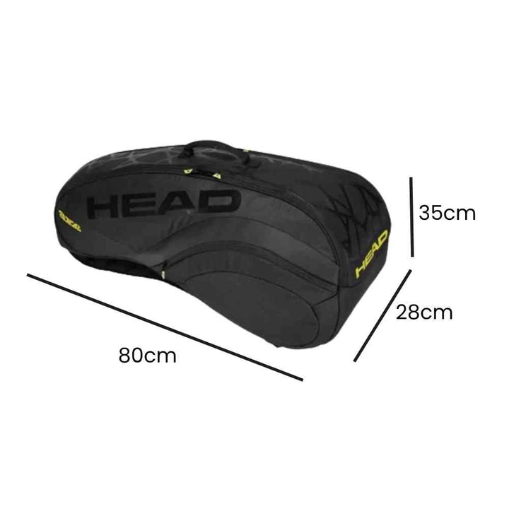 Raqueteira Head Radical CCT para 6 Raquetes de Tênis Preta Urbanno, exibindo suas dimensões: 80cm de comprimento, 35cm de altura e 28cm de largura.