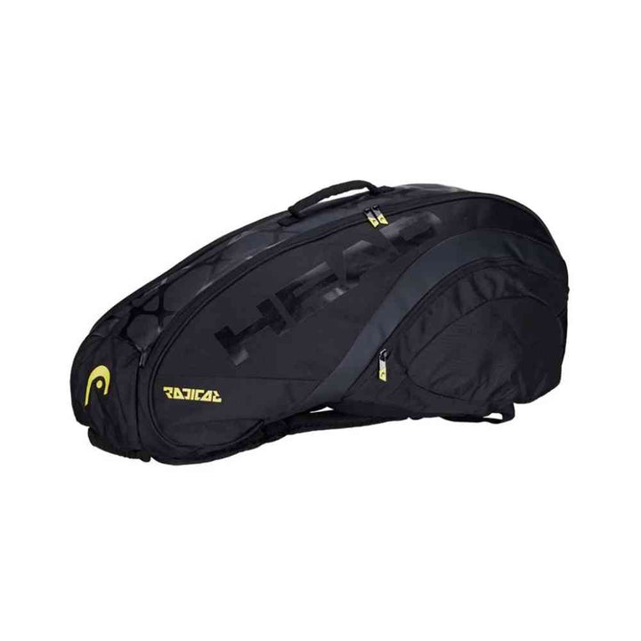 Raqueteira Head Radical CCT para 6 Raquetes de Tênis Preta Urbanno, vista lateral, exibindo seus compartimentos, zíperes amarelos e a logo HEAD na lateral menor.