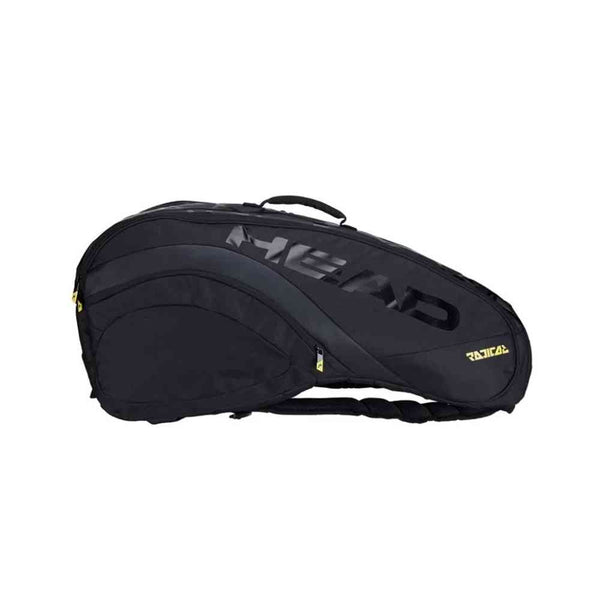 Raqueteira Head Radical CCT para 6 Raquetes de Tênis Preta Urbanno, vista frontal, com design moderno e logo HEAD em destaque, ideal para atletas que buscam estilo e praticidade