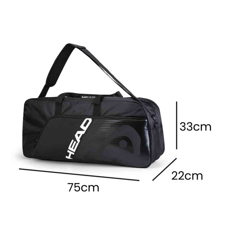 Raqueteira Head Tênis 6 Raquetes preta profissional Urbanno, exibindo suas dimensões de 75cm de comprimento, 33cm de altura e 22cm de largura, ideal para atletas que buscam excelência urbanno