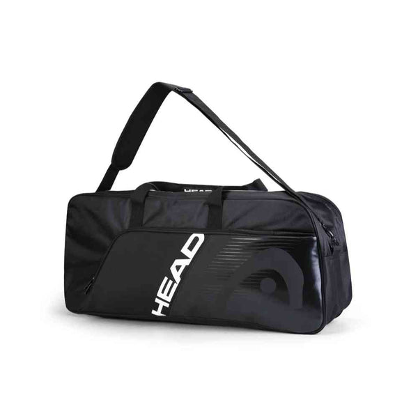 Raqueteira Head Tênis 6 Raquetes preta profissional Urbanno, vista frontal, design elegante com logo Head em branco, alça de ombro acolchoada e compartimentos visíveis, ideal para tenistas de alto nível urbanno
