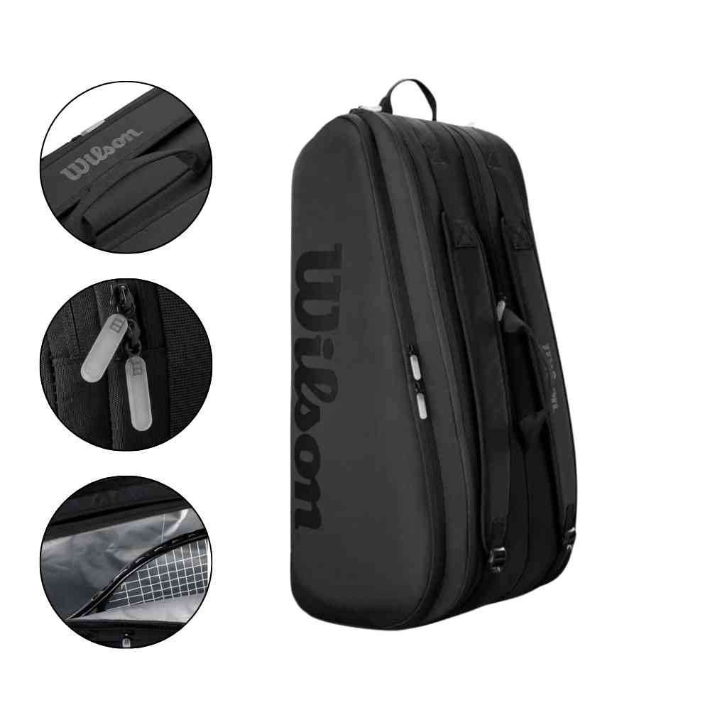 Raqueteira Wilson para 9 Raquetes com Proteção Térmica Preta Urbanno, em vista vertical, com círculos detalhando a alça de mão, puxadores dos zíperes e o compartimento interno com proteção térmica.