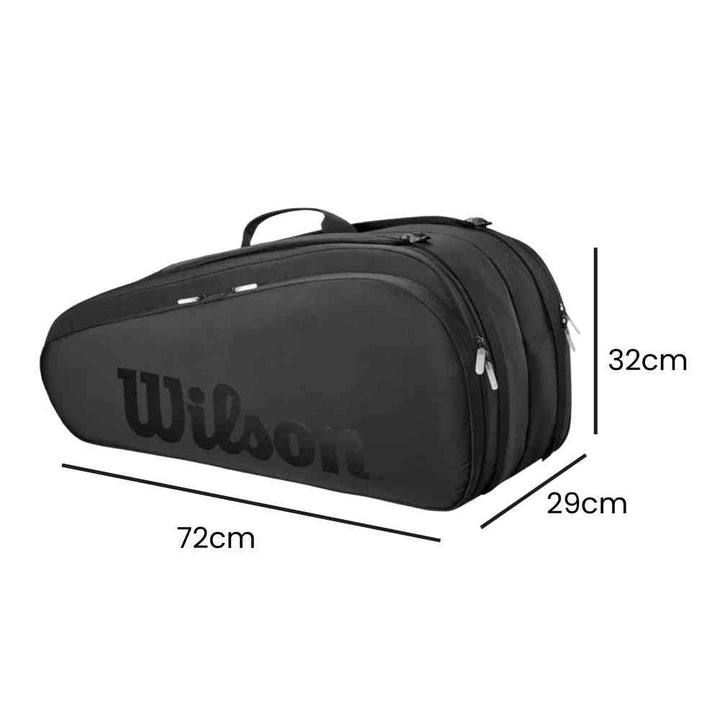Raqueteira Wilson para 9 Raquetes com Proteção Térmica Preta Urbanno, com linhas indicando suas dimensões de 72cm de comprimento, 32cm de altura e 29cm de largura.
