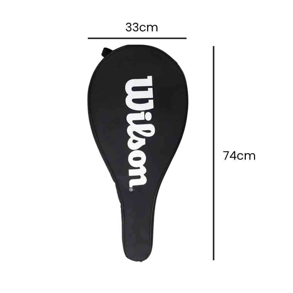 Capa Protetora de Raqueteira Wilson Tênis Formato Raquete Preta Urbanno, com linhas indicando suas dimensões de 74cm de comprimento e 33cm de largura.